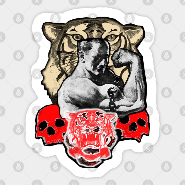 strong man with tiger and skulls Sticker by Marccelus